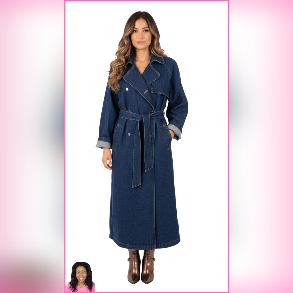 Universal Threads Long Sleeve Blue Denim Button Down Trench Coat | Size Large
